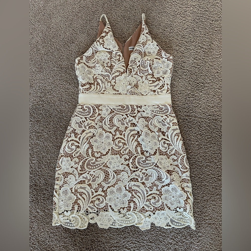 Dress The Population White and Nude Lace Ava Dress - V Neck Mini